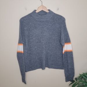 John + Jenn | Gray Mockneck with Orange White Varsity Stripes on Sleeve